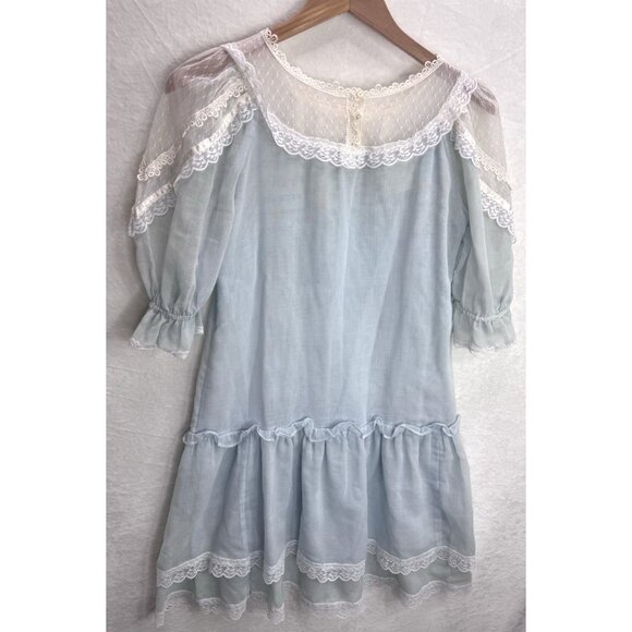 Vintage Gunne Sax By Jessica Juniors Size 5 Blue With Ivory Lace Dress - Picture 7 of 12